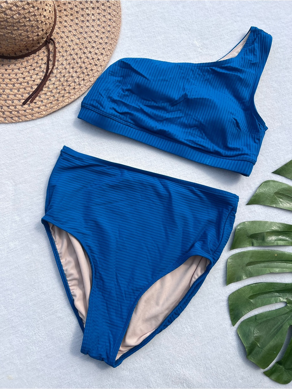 Albion Fit One Shoulder Ribbed Bikini Set Blue High Waisted Medium